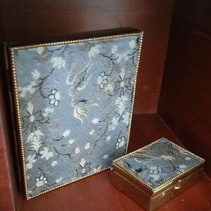Vintage Art Deco Brass Compact and Pill Box Blue Woven Floral